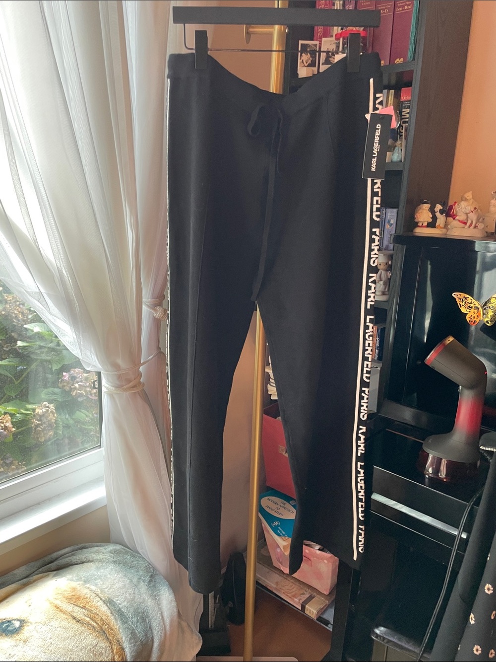 Karl Lagerfeld Black Knit Pants with White Logo Side Stripe